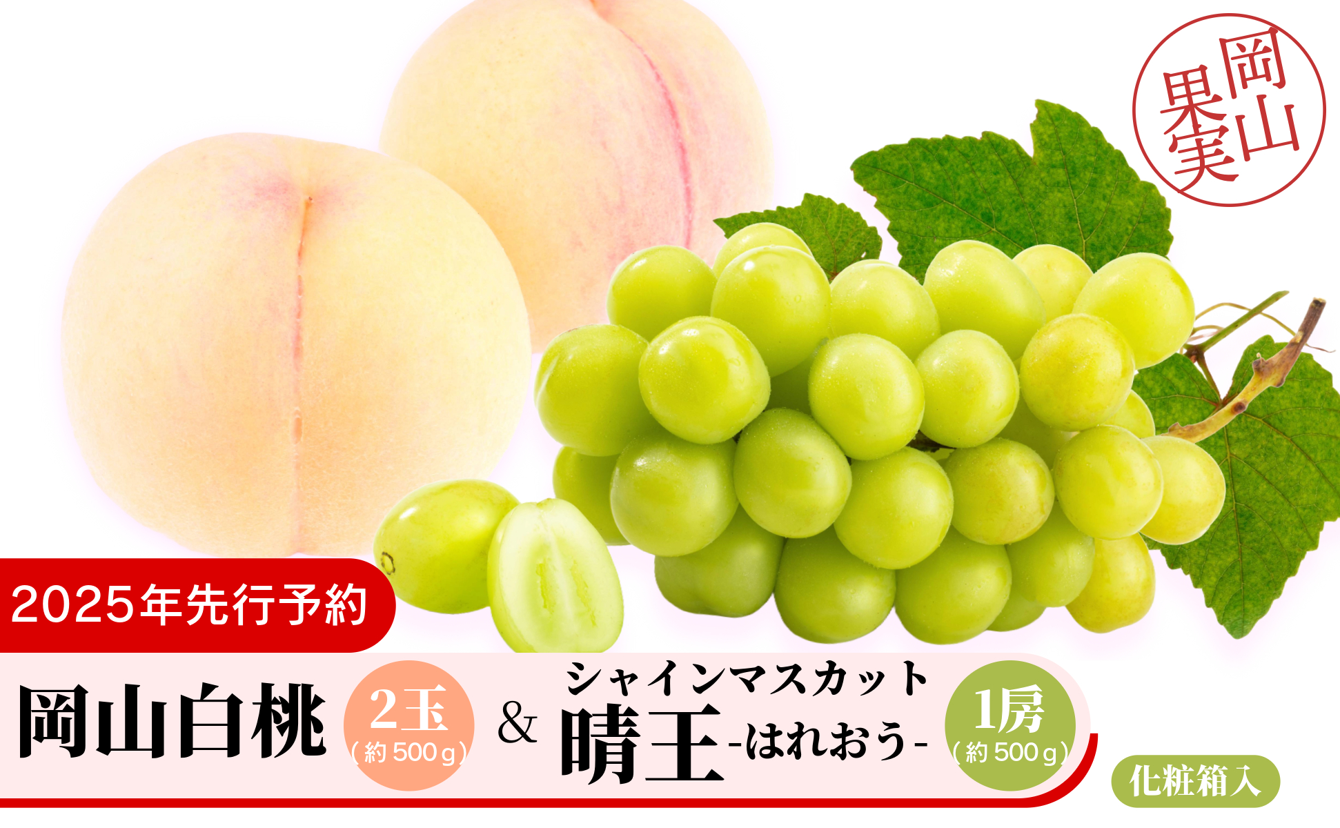 岡山白桃2玉（約500ｇ）＆シャインマスカット晴王1房（約500ｇ）化粧箱入