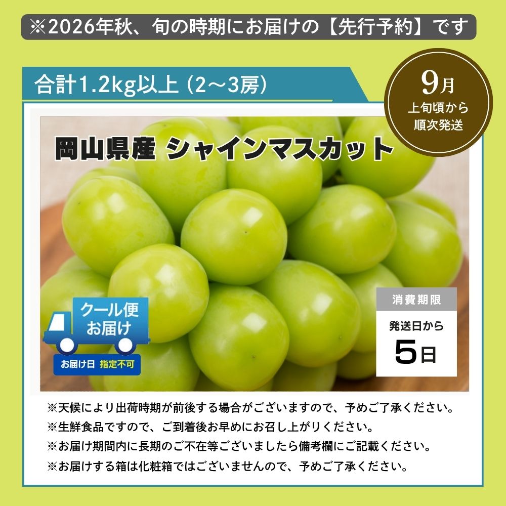 【2026年発送分 先行予約】岡山県産 シャインマスカット 1.2kg以上（2～3房）