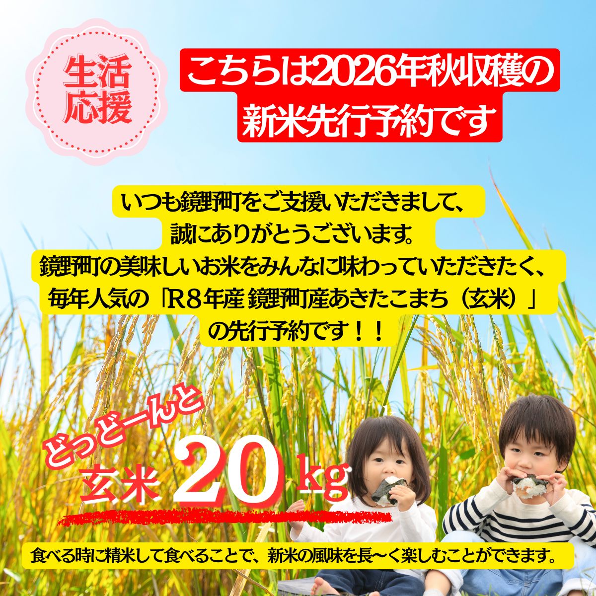 【2026年発送 先行予約】令和8年産 鏡野町産 あきたこまち 玄米 20kg