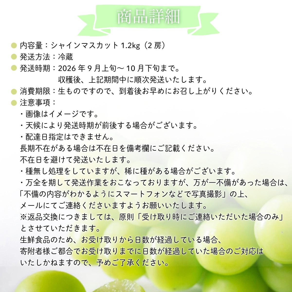 【2026年先行予約】［大原観光果樹園］シャインマスカット 2房（約1.2kg）